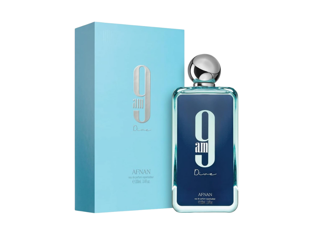 Blue perfume bottle and packaging with 'Oam' branding on a white background