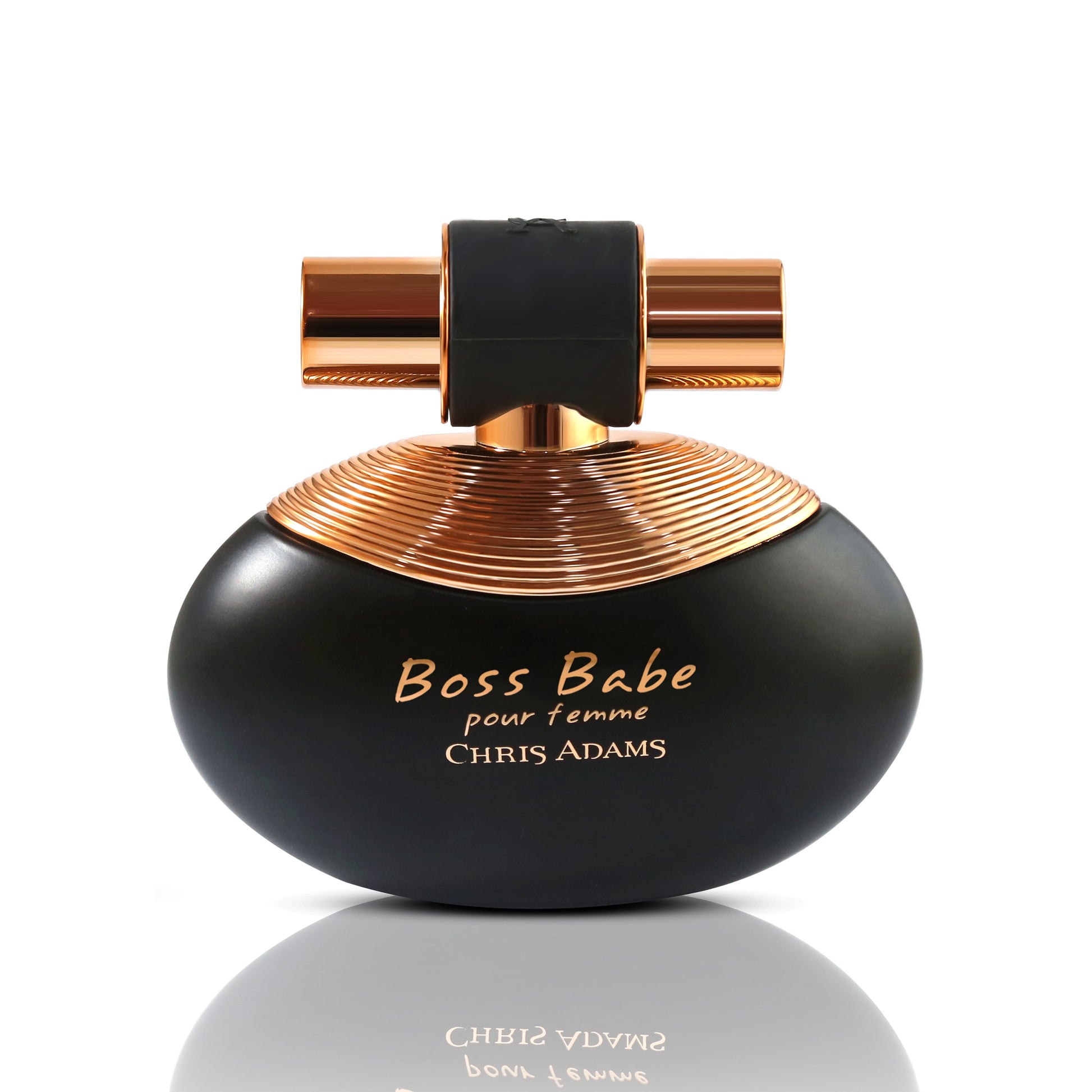 Black and gold perfume bottle labeled 'Boss Babe pour femme' by Chris Adams on a white background
