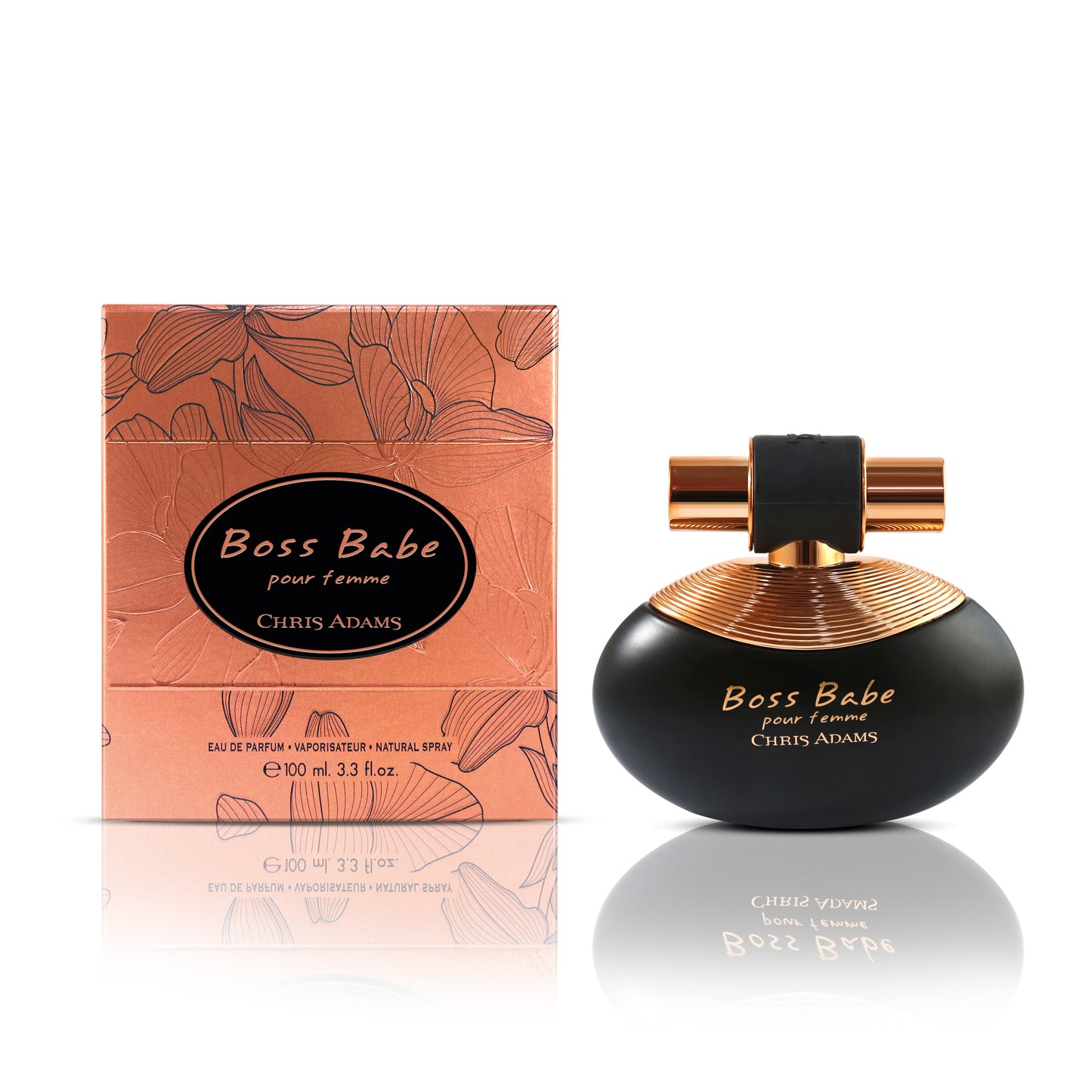 Perfume bottle and packaging of 'Boss Babe' by Chris Adams on a white background