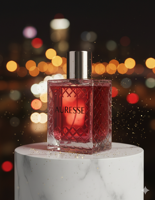 Red perfume bottle labeled 'Auresse' on a marble pedestal with blurred lights in the background