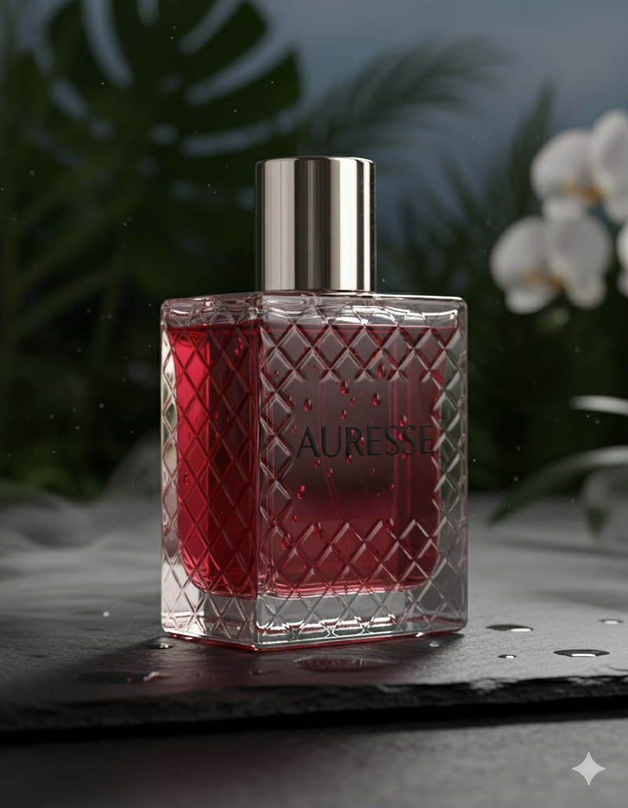 Red perfume bottle with silver cap on a dark surface, blurred greenery in the background
