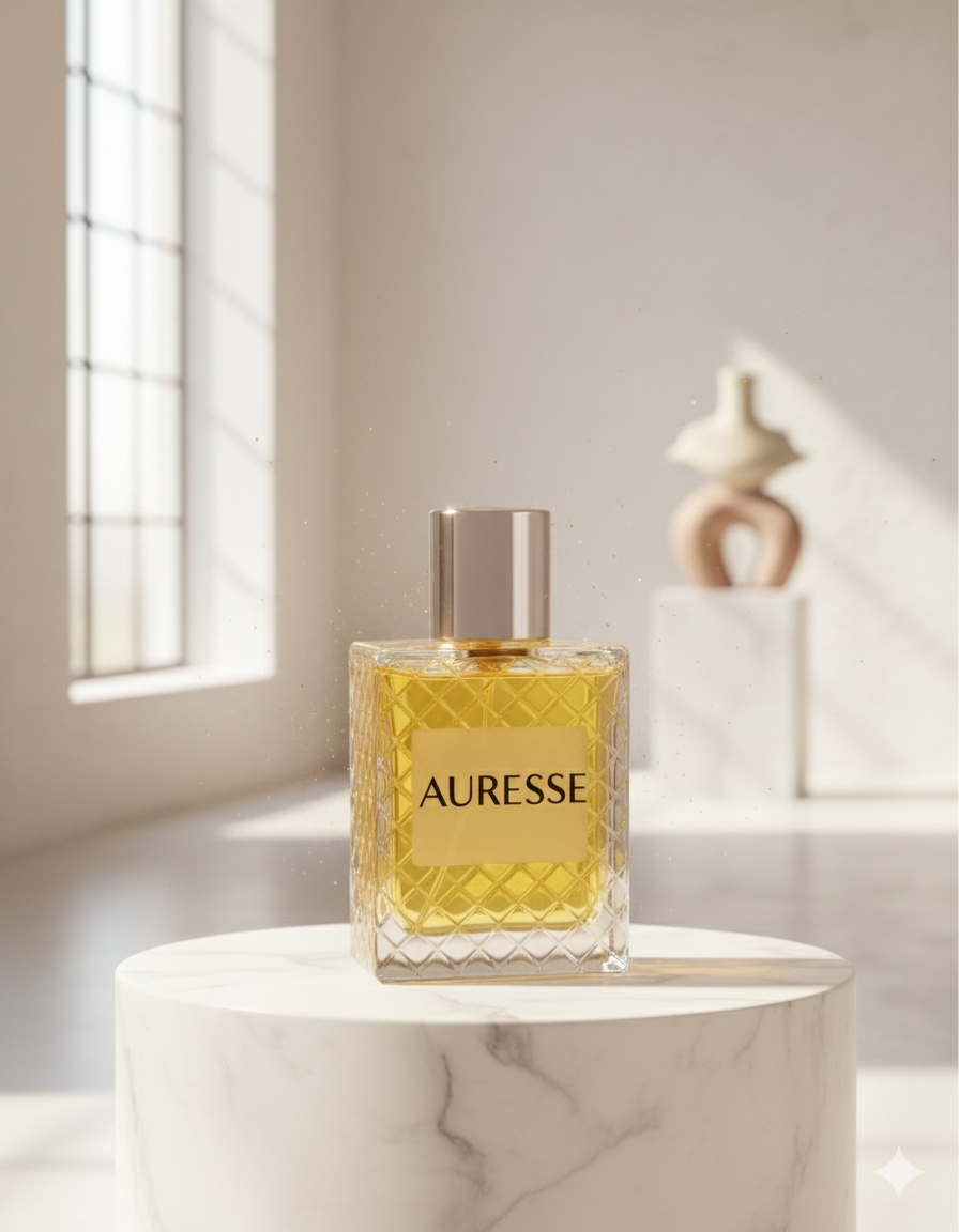 Perfume bottle labeled 'Auresse' on a marble surface with a neutral background