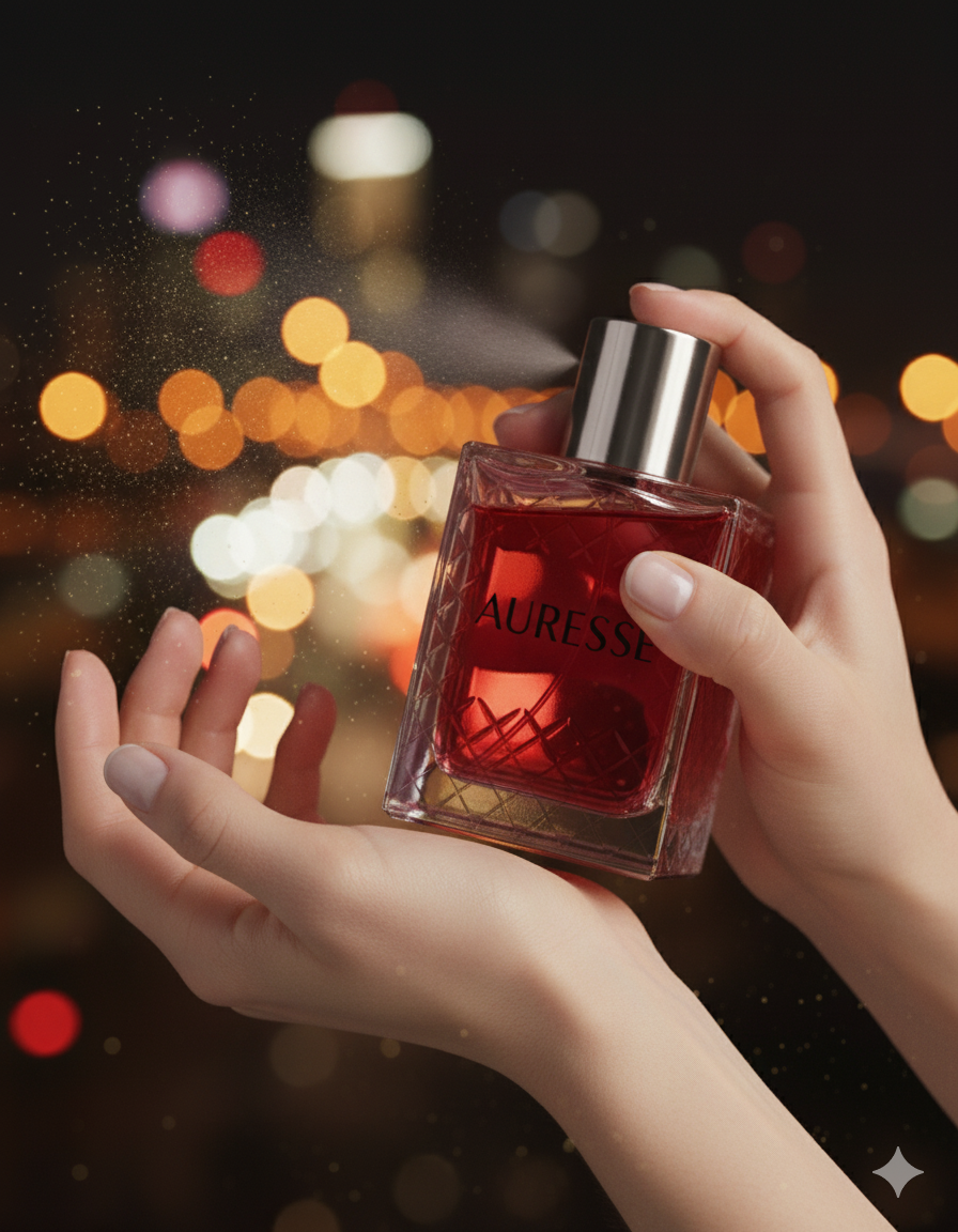 Red perfume bottle with silver cap held by hands against a blurred cityscape background