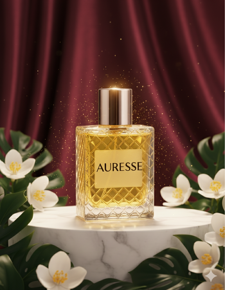 Perfume bottle labeled 'Auresse' with decorative elements on a dark background