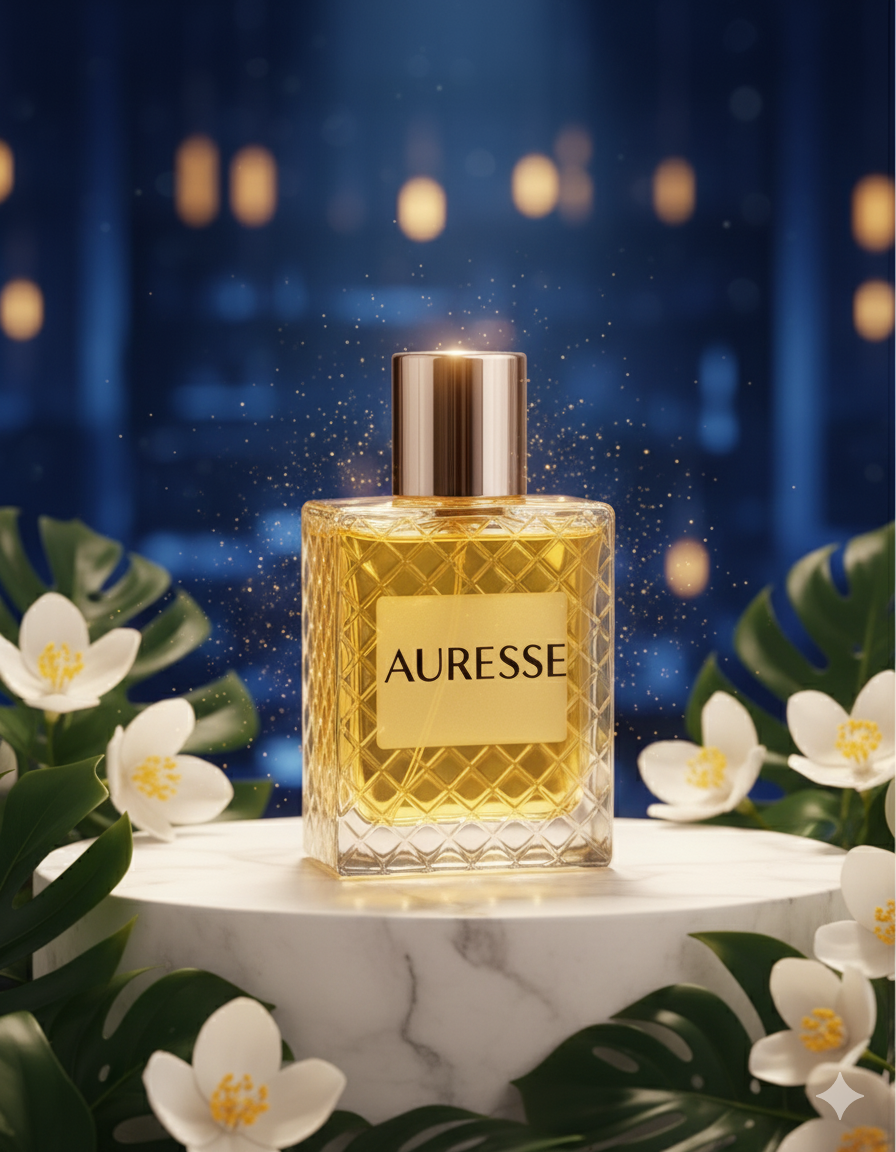 Perfume bottle labeled 'AUERESSE' with a decorative background of flowers and lights.