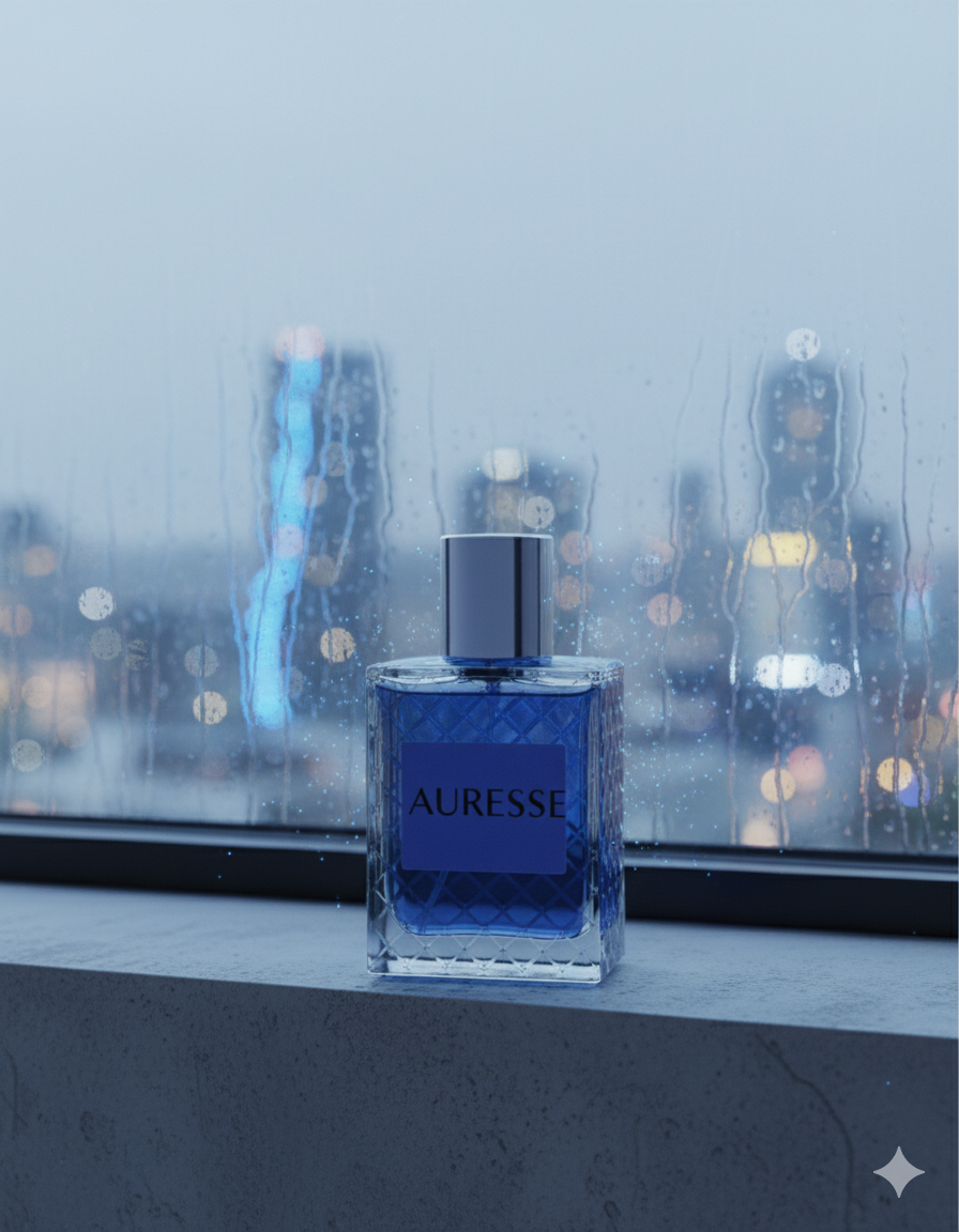 Blue perfume bottle labeled 'Auresse' on a ledge with a cityscape background