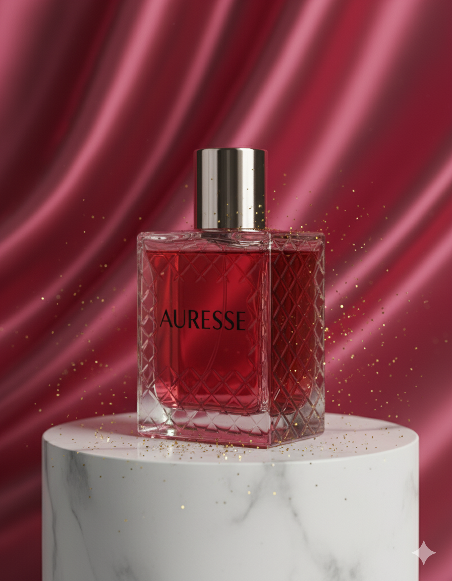 Red perfume bottle with silver cap on a white marble stand against a red fabric background