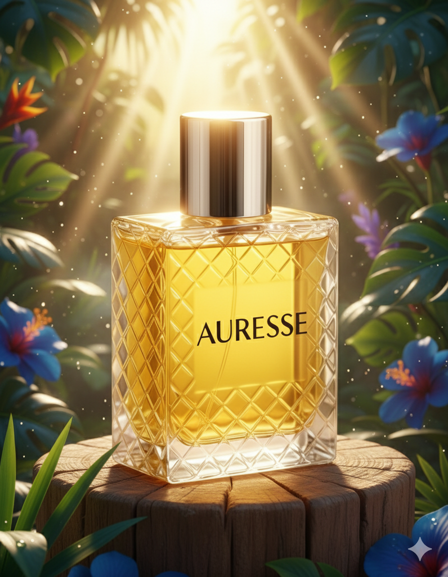 Perfume bottle labeled 'Auresse' with a tropical background