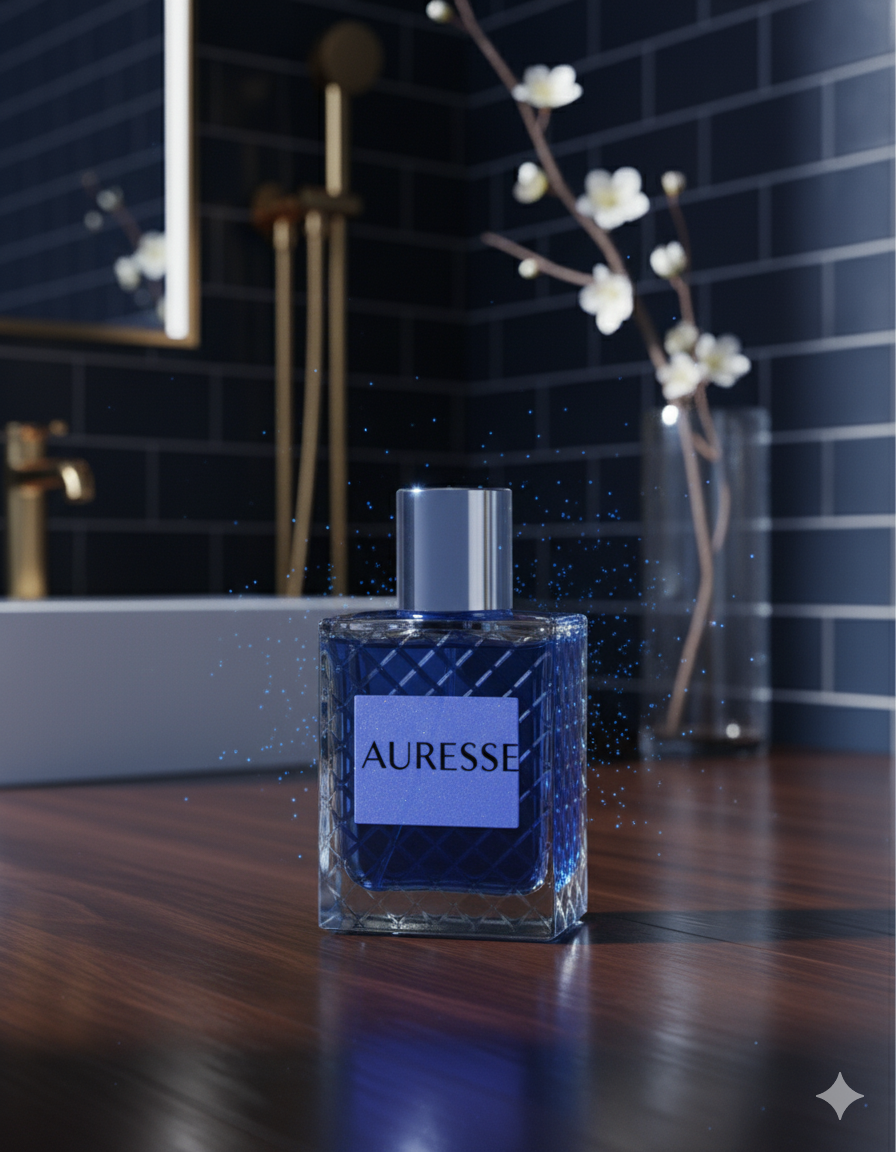 Blue bottle of Auresse perfume on a wooden surface with a blurred bathroom background