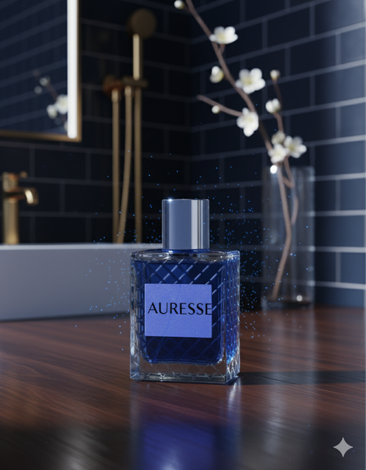 Blue bottle of Auresse perfume on a wooden surface with a blurred bathroom background