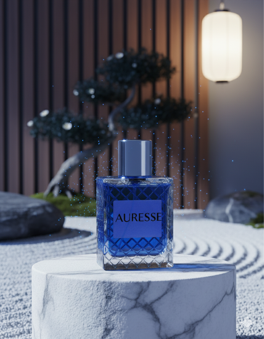 Blue perfume bottle labeled 'Auresse' on a marble surface with a blurred garden background
