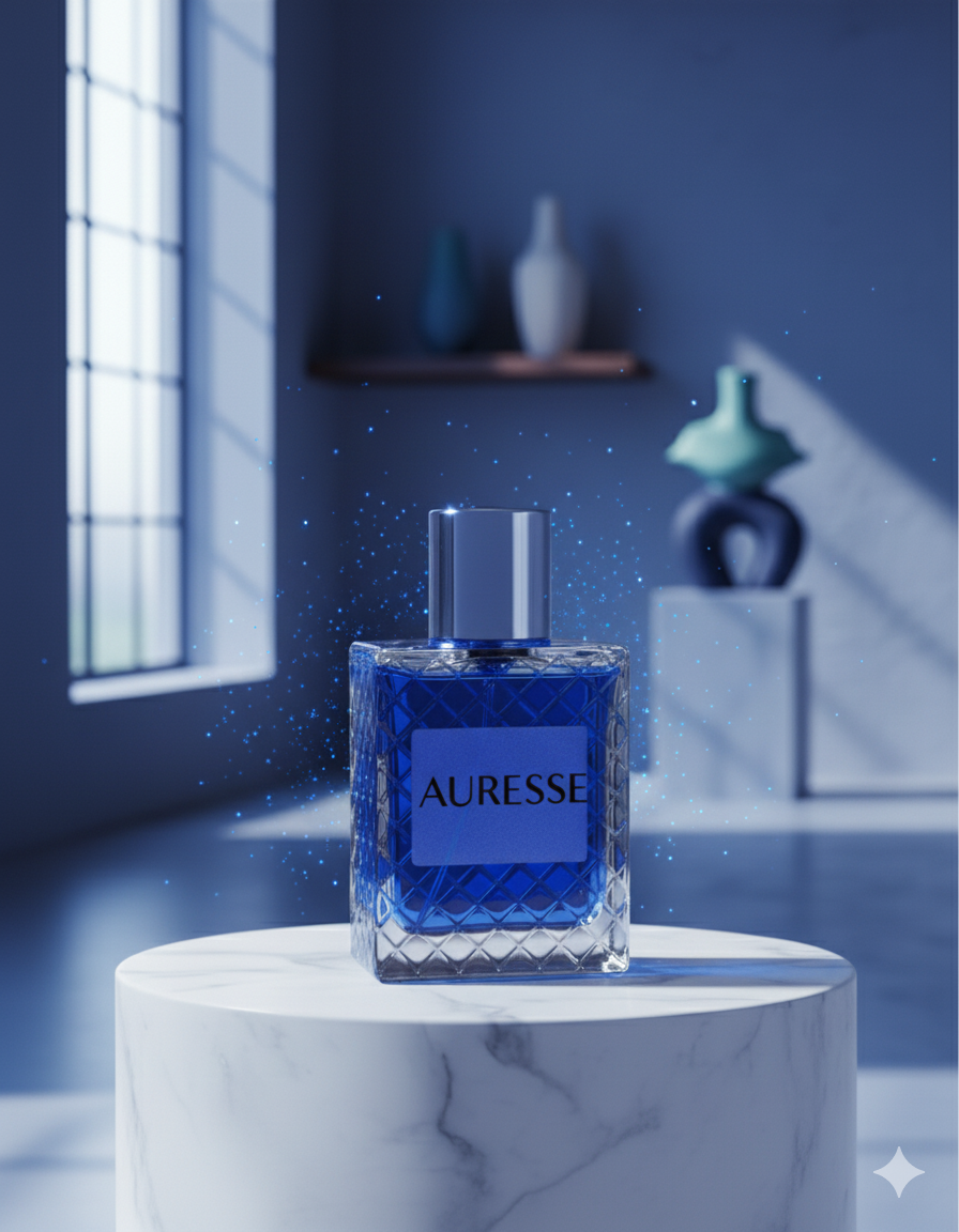 Blue Auresse perfume bottle on a marble pedestal with a blue wall and window in the background