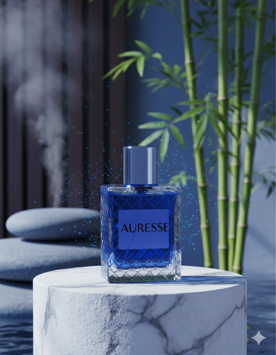 Blue Auresse perfume bottle on a marble pedestal with bamboo in the background