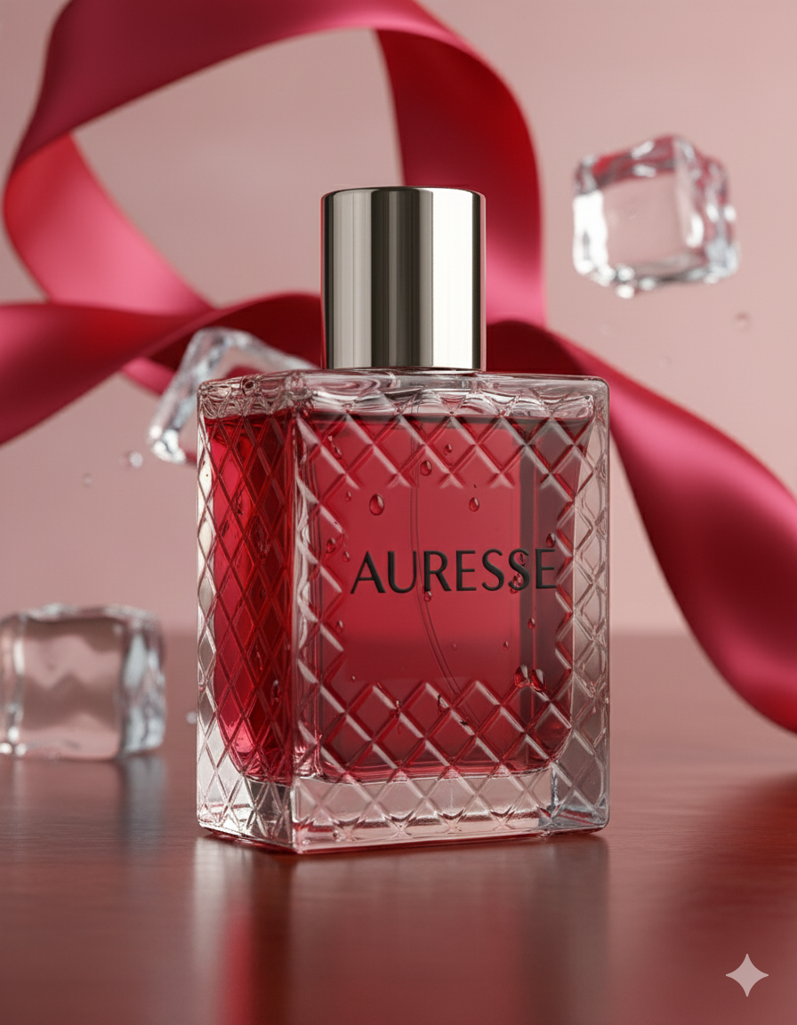 Red perfume bottle with silver cap on a pink background