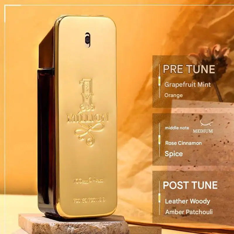 Gold perfume bottle with fragrance description on a wooden surface