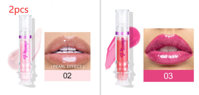 Two lip gloss products with close-up shots of lips wearing the product, labeled 'Pearl Effect' and '03'.