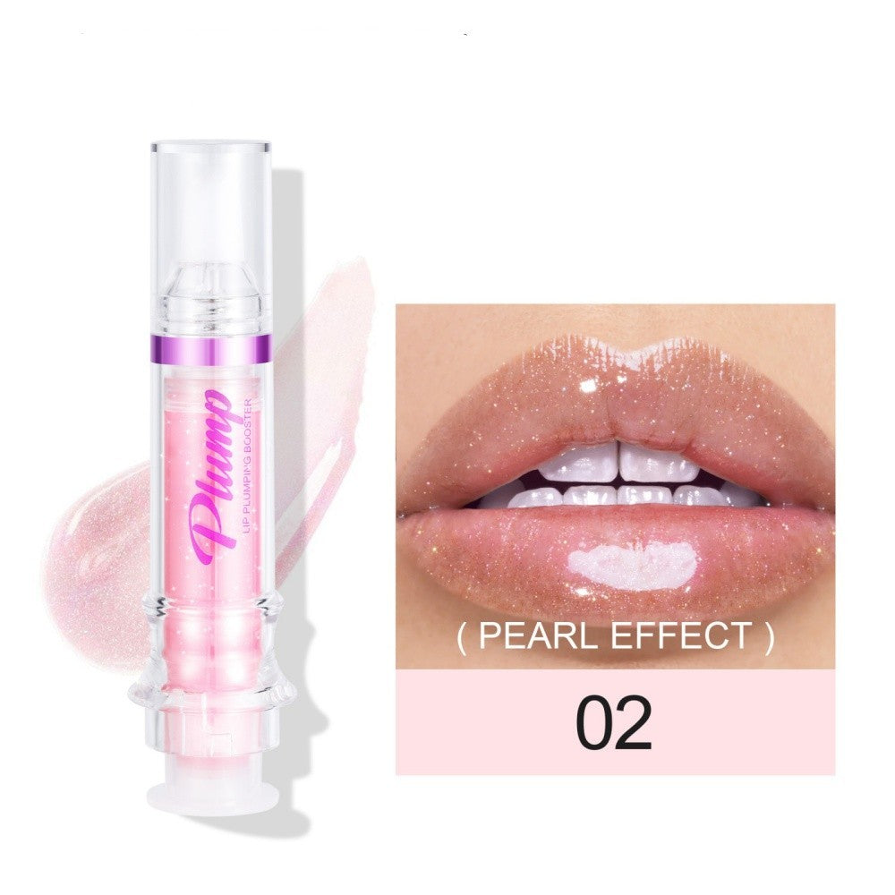 Lip gloss with a pearl effect on lips and product packaging.