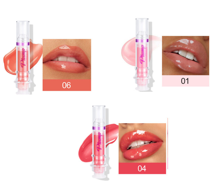 Lip gloss with application on lips and color swatches.