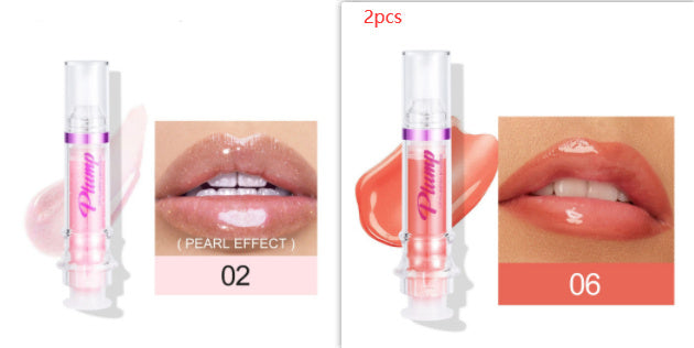Lip gloss products with pearl effect and pink shade on lips, labeled '2pcs' and '06'.