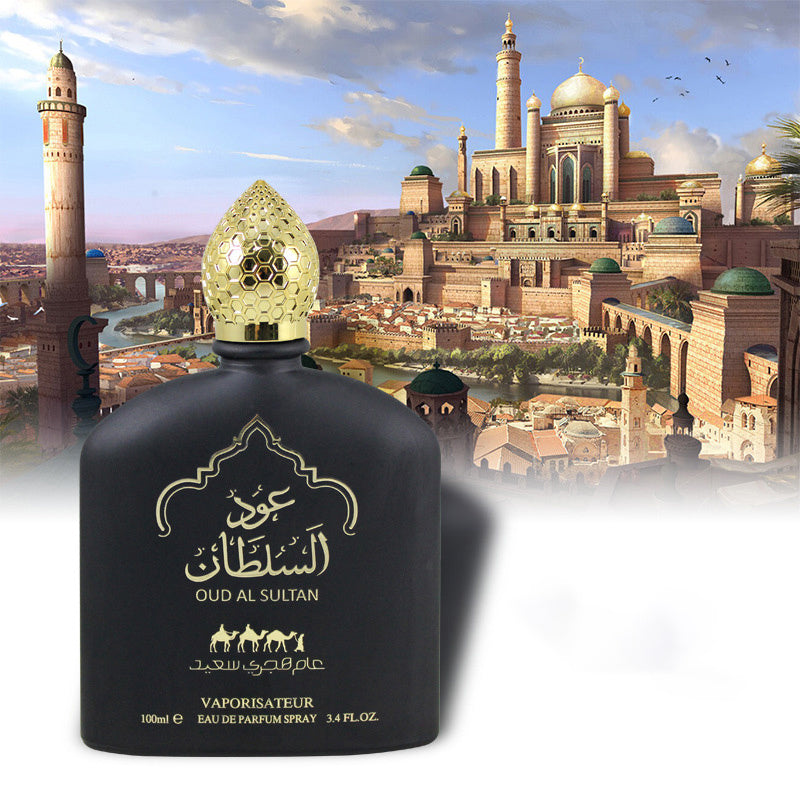 Perfume bottle labeled 'Oud Al Sultan' with a cityscape background