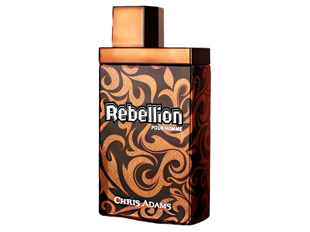 Perfume bottle labeled 'Rebellion' by Chris Adams on a white background