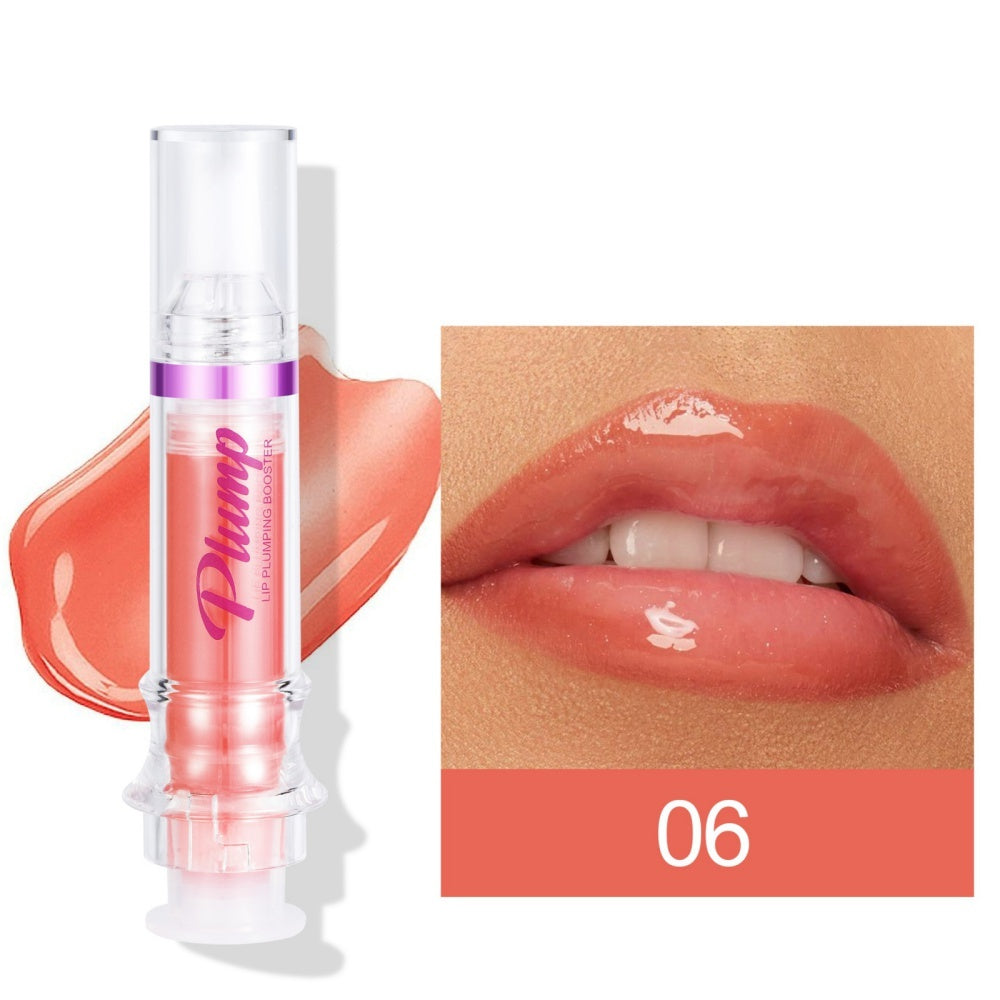 Lip gloss with a close-up of lips wearing the color, brand 'Plump', and shade number '06'.