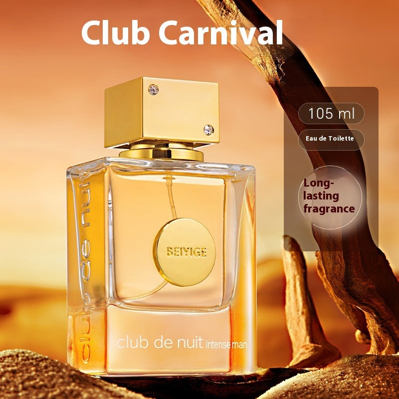 Perfume bottle labeled 'Club Carnival' with gold cap and clear body on a warm-toned background.