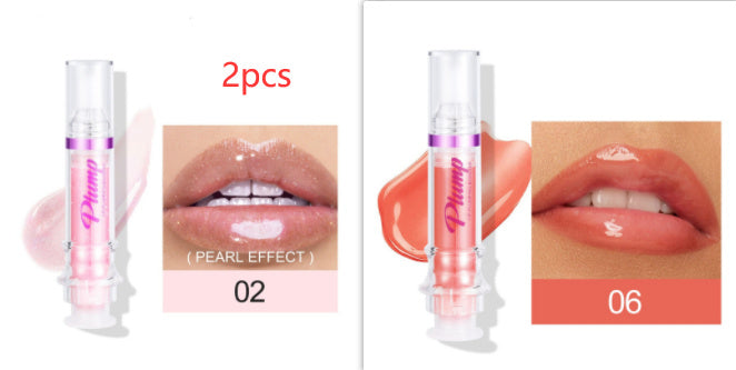Two lip gloss products with close-up shots on lips and product packaging.
