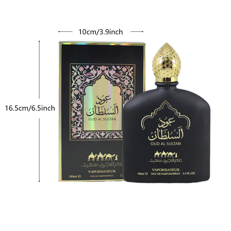 Oud Al Sultan perfume bottle and packaging with measurements on a white background