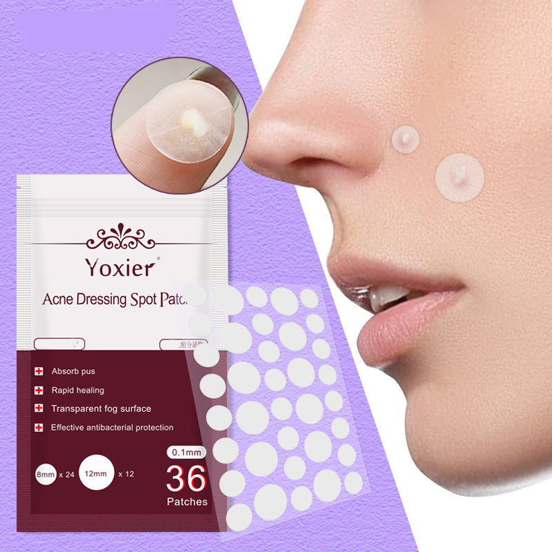 Yoxier acne dressing spot patches with packaging and a close-up of a person applying them.