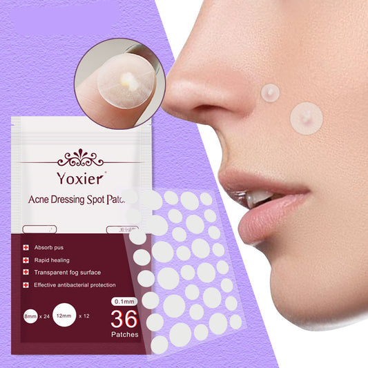 Yoxier acne dressing spot patches with packaging and a close-up of a person applying them.