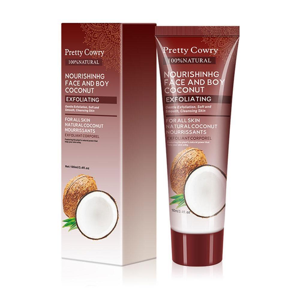 Pretty Cowry nourishing face and body coconut exfoliating product packaging on a white background
