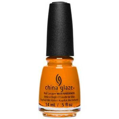 Orange nail polish bottle with black cap on a white background